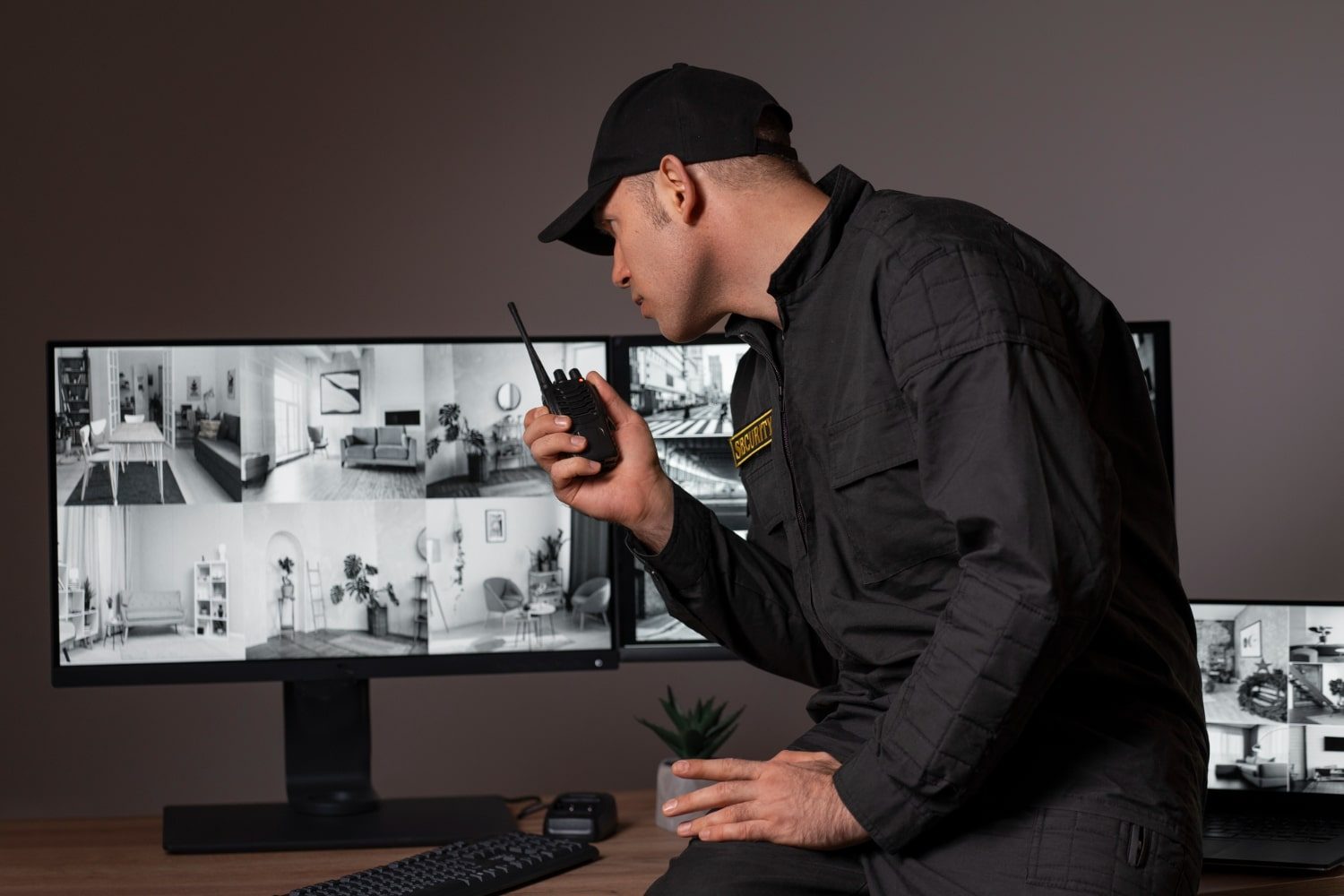 portrait-male-security-guard-with-radio-station-camera-screens